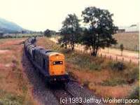 Looking east at the former Menstrie station. Class 20 at Glenochil Yeast.<br><br>[Jeffray Wotherspoon //1983]