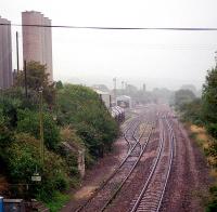 Burngullow looking east. The right hand line is for Penzance and the left for various works. The right line has subsequently been doubled through to Probus.<br><br>[Ewan Crawford /09/2002]