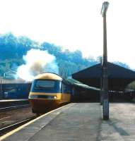 InterCity 125 at Bath in 1985. The now famous brand first appeared on a Paddington - Wolverhampton train <I>The Inter-City</I> in 1950. It went on to be poached by transport operators around the world. <br><br>[John McIntyre //1985]