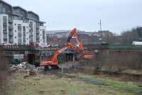 Partick Central being torn down in January 2007. View east across the site of the platforms to Benalder Street bridge. <br><br>[Ewan Crawford 28/01/2007]