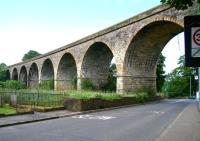 The impressive 10 arch Annick Water Viaduct (1868) to the south of Stewarton station. Photographed in June 2007 looking south west along the A735.<br><br>[John Furnevel 17/06/2007]