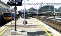 View north over the platforms at Piccadilly on 22 May. A 185 is pulling into platform 14 with a Manchester Airport - Windermere service as trains for Sheffield and Euston await departure.<br><br>[John McIntyre 22/05/2007]