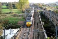 Southbound HST crossing the Eden at Etterby on 3 November as it begins to slow for the Carlisle stop. The train is on the original WCML bridge with the later (1942) bridge built to carry the goods lines alongside on the right.<br><br>[John Furnevel 03/11/2007]