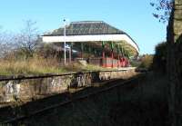 The ornate canopy at Nelson station, opened by the East Lancs Railway in 1849. Still an impressive structure, although it would doubtless benefit from some refurbishment. Seen here on 8 November 2007 looking northeast towards Colne.<br><br>[John McIntyre 08/11/2007]
