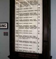 A manual, scrolling <I>departure board</I>, once a common sight at even moderately sized railway stations. This one came from Bishop Auckland and now resides in the NRM at Shildon. <br><br>[John Furnevel 04/11/2007]