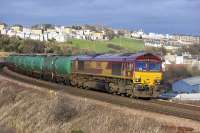 66063 with the Linkswood (Leuchars) - Grangemouth empty tanks coming off Jamestown Viaduct on 4 February.  Will this working be rerouted over the Alloa line at some future point?  (Facing junction for Grangemouth...)<br><br>[Bill Roberton 04/02/2008]