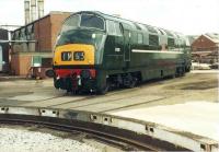 Warship D818 <I>Glory</I> at her birthplace in Swindon Works on 6 June 1981. Despite her immaculate appearance (following a restoration exercise by works apprentices) she was subsequently scrapped. <br><br>[Colin Alexander 06/06/1981]