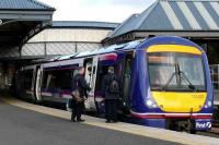 170 422 newly repainted in First ScotRail livery stands at Perth with an Aberdeen service on 15 March as the crews change over. <br><br>[Brian Forbes 14/03/2008]