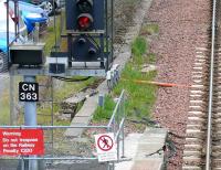 The starting signal, with route indicator for the siding, on the northbound platform at Cumbernauld on 22 May. A magpie looks at the camera.. or maybe at the incoming terminating train.<br><br>[Brian Forbes 22/05/2008]