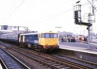 Class 86 electric locomotive 86214 <I>Sans Pareil</I> stands ready to take a train out of Wolverhampton in 1980.<br><br>[Ian Dinmore //1980]