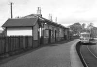 The station building at Beith Town in July 1962 with a diesel railcar standing at the platform.<br><br>[Colin Miller 18/07/1962]