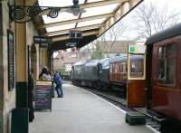 Platform scene at Pickering on 3 April 2008 looking south, with a train for Grosmont boarding at platform 1 and D6700 having just arrived at platform 2 with empty stock.<br><br>[John Furnevel 03/04/2008]