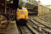 1V93 Edinburgh - Plymouth about to leave Newcastle Central in March 1981 behind 55022 <I>Royal Scots Grey</I>, with the usual crowd of admirers.  <br><br>[Colin Alexander 14/03/1981]