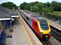 Looking north along the Up platform at Tiverton Parkway on 28 June as an Edinburgh bound Cross Country Voyager, with 435 miles still to go, sets off on the next leg of its journey.<br><br>[John McIntyre 28/06/2008]
