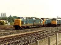 Lineup at York MPD on 2 September 1981 includes Deltic 55018 <I>Ballymoss</I>, 47480 and 31319. One of the towers of York Minster can be seen on the far left of the picture.<br><br>[Colin Alexander 02/09/1981]