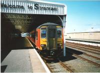 A 4-coach 156 combination waits to leave Stranraer for Glasgow Central in July 1998. The letter <I>S</I> appears to be from the next size up!  <br><br>[David Panton /07/1998]