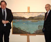 Peter Ovenstone, Chairman of the Railway Heritage Committee presentsthe painting Kyles of Bute by Alasdair MacFarlane, on behalf of owner BRB (Residuary) Ltd to Sam Galbraith, chairman of trustees at the Scottish Maritime Museum, Irvine.<br><br>[Scottish Maritime Museum 08/04/2010]