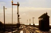 View out towards Galway Bay from the end of the platform at Galway station on a summer evening in 1991.<br><br>[Bill Roberton //1991]