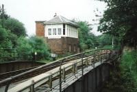 Swing Bridge East signal box stands on the east side of the Forth & Clyde canal at Falkirk in June 1997.<br><br>[David Panton /06/1997]
