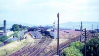 General view of the 1894 Glasgow and South Western Railway station at Princes Pier, Greenock, taken from the signal box in August 1965. This station replaced the first Princes Pier station (1869), located 90m due south, and originally named Albert Harbour.<br><br>[G W Robin 25/08/1965]