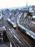 View west over Newcastle Central from the Keep in 1971 with a 64B EE Type 4 meeting a Peak on the ECML.<br><br>[John Alexander //1971]