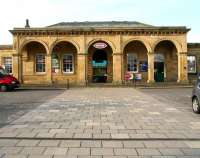 The arched portico over the main entrance to Whitby station, seen looking west from the car park on 2 October 2008. Opened in June 1847 as Whitby, the name was changed to Whitby Town in 1883. It reverted to plain Whitby in 1938 but was then changed back once again to Whitby Town in 1951. Since then it has been changed yet again to Whitby, the name by which it is officially known at the present time (Monday, 2.30pm).<br><br>[John Furnevel 02/10/2008]