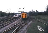 The branch train for Tunbridge Wells West leaves the bay platform at Eridge in March 1985. The branch closed later that year and is currently in the hands of the Spa Valley Railway who plan to reintroduce a regular service over its full length in the longer term.<br><br>[Ian Dinmore 22/03/1985]