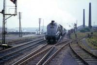<I>Keep well back from the platform edge</I>... as A4 Pacific 60024, <I>Kingfisher</I>, rapidly approaches Cumbernauld with the 07.10 three hour express from Aberdeen in August 1965.<br><br>[G W Robin 03/08/1965]