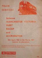 <I>Timetable subject to alteration - and how!</I> On 5th December 1966 most of the services in this timetable ceased and many of the lines involved closed completely. The Accrington services ran via Helmshore to Stubbins Junction, and beyond Bury to Manchester via Clifton Junction. Services from Bacup that did not terminate at Bury Bolton St continued to Manchester via Heywood and Moston so, with the electric line, Bury had three through routes to Manchester. Perhaps the most remarkable feature of the timetable is that, until the day of closure, Bacup enjoyed a twice hourly service to Bury on weekdays increasing to every 15 minutes on Saturdays.  Once the line had been cut back to Rawtenstall there was a single DMU stabled at Bury shuttling to Rawtenstall and back a mere 12 times a day Monday to Saturday and of course that service ceased w.e.f. 5th June 1972.<br><br>[Mark Bartlett 05/12/1966]