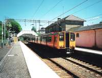 The first day of Sunday services on the Milngavie branch on 1 June 1997. 314 205 calls at Bearsden with a service to Motherwell via Bellshill.<br><br>[David Panton 01/06/1997]