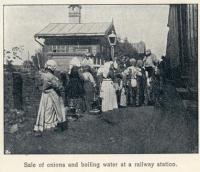 Great Siberian Railway runs between Vladivostock and St Petersburg and eventually Murmansk. Here onions and boiling water are on sale to travellers. Yum, yum. [Extract from GSR Guide of 1900]<br><br>[Alistair MacKenzie //2009]