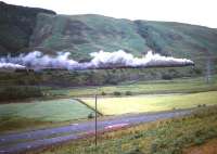 An 11 coach train climbs Beattock with the assistance of a banking locomotive in the early 1960s. A very quiet A74 runs past in the foreground.<br><br>[Robin Barbour Collection (Courtesy Bruce McCartney) //]
