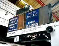 The venerable (and basic) departure board on the eastbound District Line Platform 1 at Earls Court in July 1994.<br><br>[David Panton /07/1994]