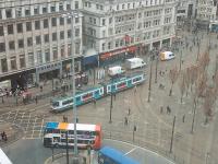 Metrolink tram 1024 takes the direct line in Piccadilly Gardens on a Bury to Altrincham service. The other lines are the links to the Piccadilly Station branch. View from nearby City Tower.<br><br>[Mark Bartlett 25/02/2009]