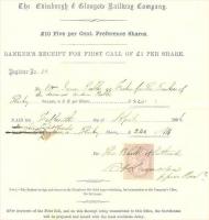 Receipt for share call on behalf of the Edinburgh and Glasgow Railway, 15 April 1856.<br><br>[Ian Dinmore 11/04/2005]