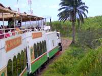 The St Kitts narrow gauge Scenic Railway, with 6 double-deck carriages using the former sugar cane plantation lines. The man in the green and white shirt is part of a trio singing traditional songs to the passengers. [Bit like the last train to Cambuslang on Sat night: Ed.]<br>
<br><br>[Brian Smith 14/03/2009]