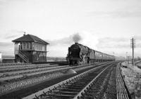 <I>Royal Scot</I> 4-6-0 no 46115 <I>Scots Guardsman</I> (now preserved) hurries past Quintinshill box in November 1964 with the 9.25am Crewe - Perth.<br><br>[Robin Barbour Collection (Courtesy Bruce McCartney) 28/11/1964]