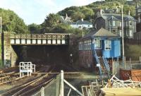 Looking out from the platforms towards the old signal box at Oban in the early 1980s.<br><br>[Walter Brunner //]
