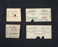 A small selection of tickets to Westhoughton. The single from Bolton (Trinity Street) dates from 24.11.1967 and the fare is one shilling and four pence. The Blackpool Central ticket is older as that station closed in 1964.  <br><br>[Mark Bartlett 24/11/1967]