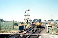 A Brush type 2 brings a goods train off the Reepham line past the signal box and into Wroxham station in July 1969. <br>
<br><br>[Colin Miller /07/1969]