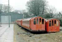 The tram shed at Beamish in 1979 with the 6 redunant ex-Glasgow Subway cars, obtained by the museum 2 years previously, standing alongside. [See image 23003]  <br><br>[Colin Miller //1979]