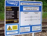 Network Rail standard Health & Safety information board erected at the Kennedy Drive access point in Coatdyke. May 2009.<br><br>[John Steven 20/05/2009]
