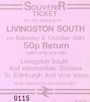 Souvenir ticket commemorating the opening of Livingston South station on Saturday, 6 October, 1984, in the then-fashionable pink and pale grey.<br><br>[David Panton 06/10/1984]