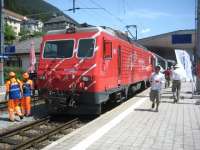 The <I>Glacier Express</I> changing over locos from friction to rack and pinion atDisentis-Muster (3750 feet) on 24 May 2009. From here the railway climbs to 6,670 feet.<br>
<br><br>[Bruce McCartney 24/05/2009]