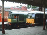 BR Type 2s D7629 and D5054 stand at Bury, Bolton Street, on 5 July during the East Lancs Railway's diesel gala weekend. <br><br>[Colin Alexander 05/07/2009]