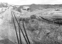 The Moffat Mills branch, east of Airdrie, survived to carry grain traffic to Inverhouse Distillery until the mid 1980s. View is east over the junction from the road bridge in February 1988, looking along the remains of the Airdrie - Bathgate line between Clarkston (Lanarks) and Plains with the trackbed of the Moffat Mills branch running off to the right. [See image 25408] <br>
<br><br>[Bill Roberton 21/02/1988]