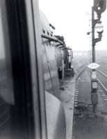 Fireman's view from the cab of Merchant Navy Pacific no 35026 <I>Lamport and Holt Line</I> on a Williams Deacon's Bank Club special at Doncaster Station in 1966.<br><br>[David Pesterfield //1966]