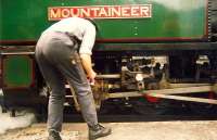 Ffestiniog Railway 2-6-2T <I>Mountaineer</I> receives attention at Tan-Y-Bwlch on 25 July 1992.<br><br>[Ken Browne 25/07/1992]