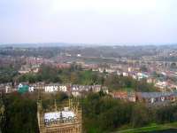 View south west from Durham Cathedral over part of the city on 22 April 2006. In the distance a Voyager can be seen passing over Durham viaduct. <br><br>[Bruce McCartney 22/04/2006]