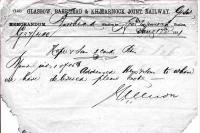 Ancient Glasgow Barrhead and Kilmarnock Joint Railway note from Barrhead to Lochwinnoch dated August 17 1881.<br><br>[Colin Miller 09/11/2002]